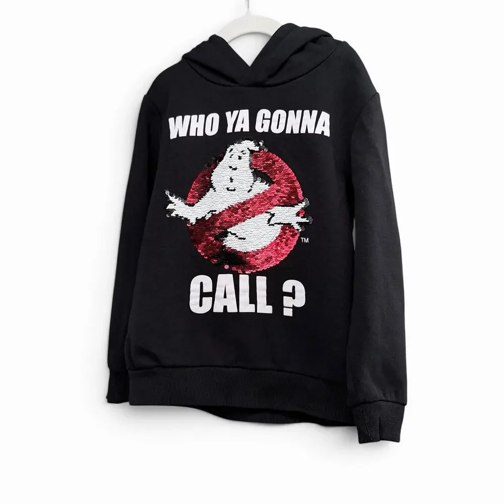 H&M Ghostbusters Hoodie Sequin Logo Kids Sz 6-8Y Black Pullover